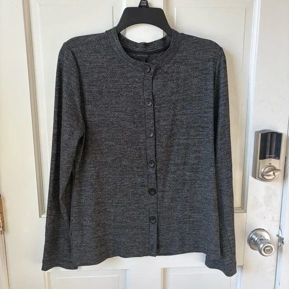 ANN TAYLOR Silky Charcoal Heather Gray Button-Down Cardigan Top Size L - Picture 1 of 4